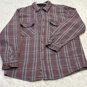 VTG Berne Apparel Shirt Mens LT Gray Maroon Blue Plaid Flannel Chamois Utility